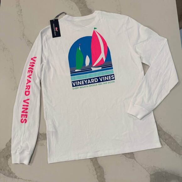 Vineyard Vines NWT Regatta Sailboat LongSleeve TShirt Mens Small White/Neon Pink - Picture 6 of 8
